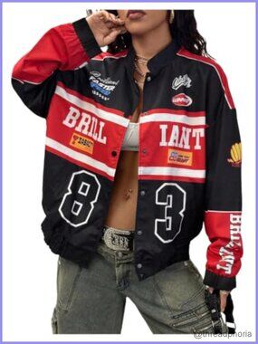 Women's Race Car Varsity Bomber Jacket Letterman Oversized Polyester